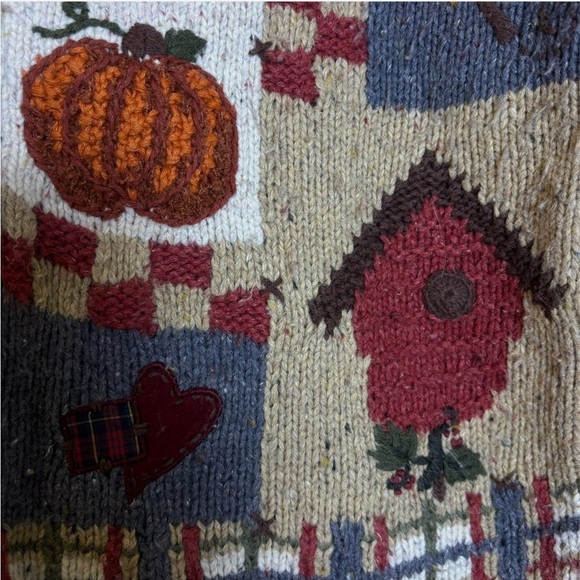 Wool Blend Chunky Knit Cardigan Fall Pumpkin Autumn Patchwork Leaves Cottagecore - Picture 5 of 11